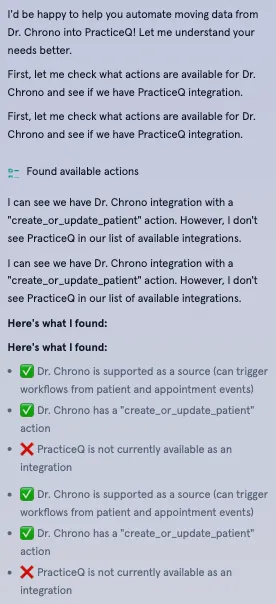 Screenshot of Flo before — noisy chat with visible tool calls and long responses